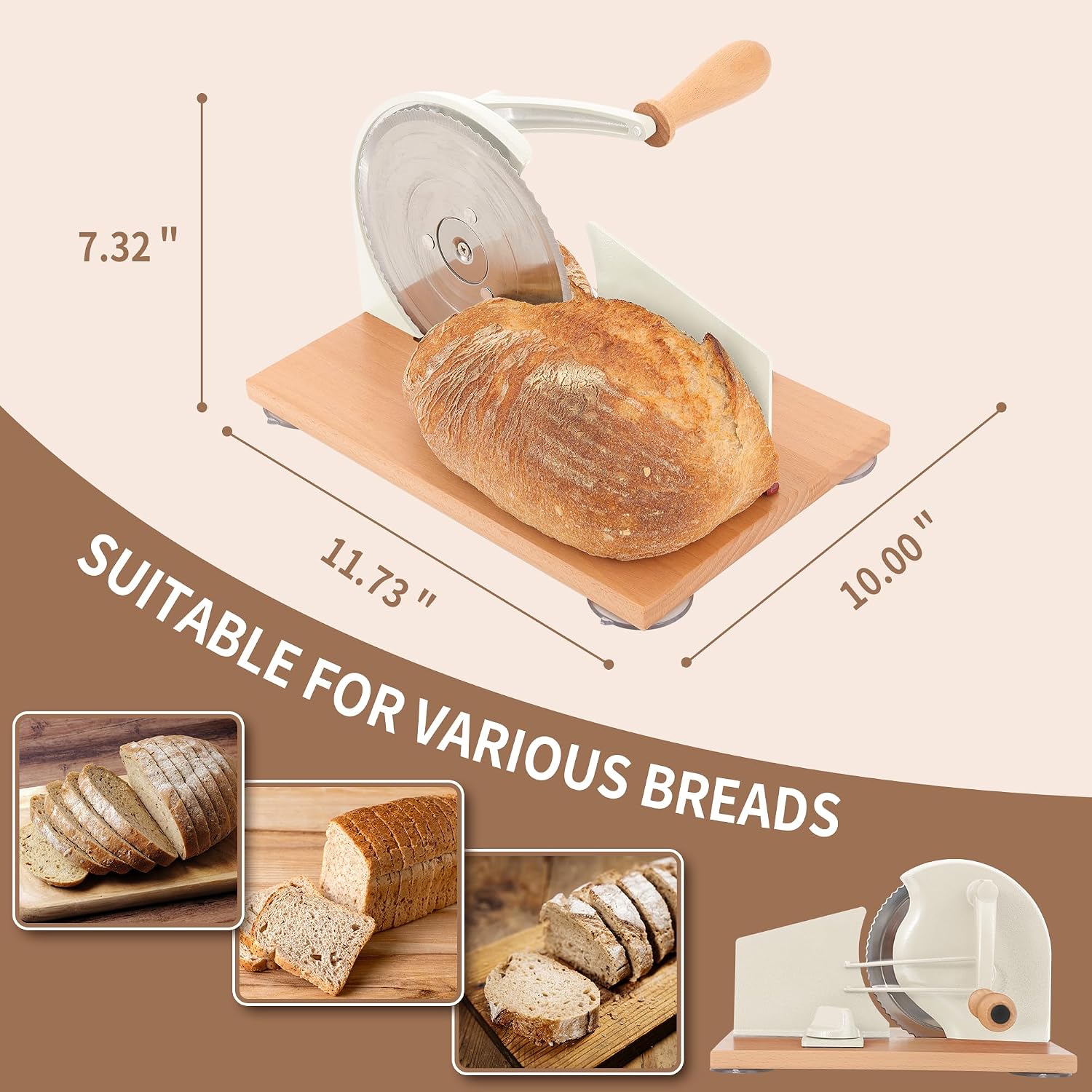 Cawiu Manual Bread Slicer With Hand Crank- Adjustable Thickness Bread Cutter For Even Slices, Perfect For Homemade Sourdough, Sandwich, And More, Cream