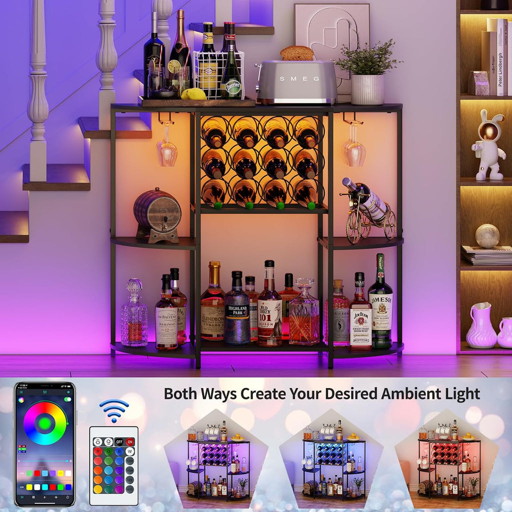 Wine Bar Cabinet With Led Lights, Mini Wine Bar Cart With Storage And Glass Holder, Home Bar Coffee Bar For Liquor, 3-Tier Bar Table For Kitchen, Dining Room, Living Room, Black