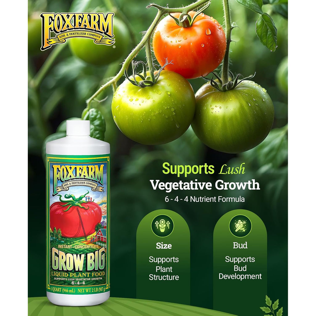 Foxfarm Grow Big Liquid Plant Food - 6-4-4 House Plant Fertilizer For Lush Vegetative Growth, Fast Nutrient Uptake For Roses, Tomatoes & Veggies - Quart Size Concentrate