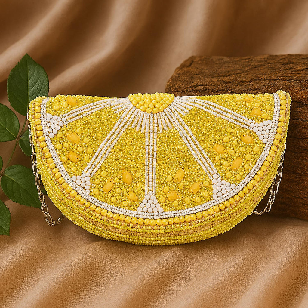 Longing To Buy Beaded Lemon Slice Clutch Purse, Yellow Evening Bag With Chain Strap, Novelty Fruit Design