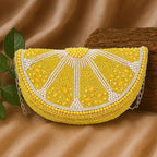 Longing To Buy Beaded Lemon Slice Clutch Purse, Yellow Evening Bag With Chain Strap, Novelty Fruit Design