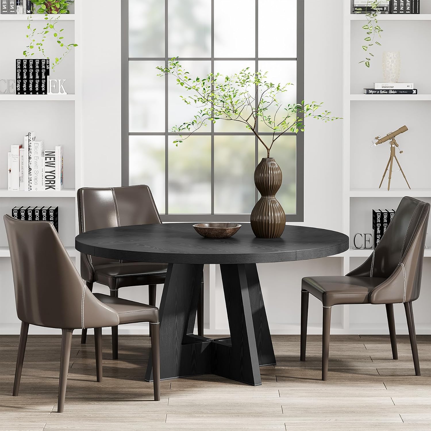 Tribesigns 47 Inch Round Dining Table Wood Kitchen Table For Dining Room, 47" Dinner Room Tables For 4-6, Farmhouse Accent Furniture With Wooden Tabletop And Cross Base, Black