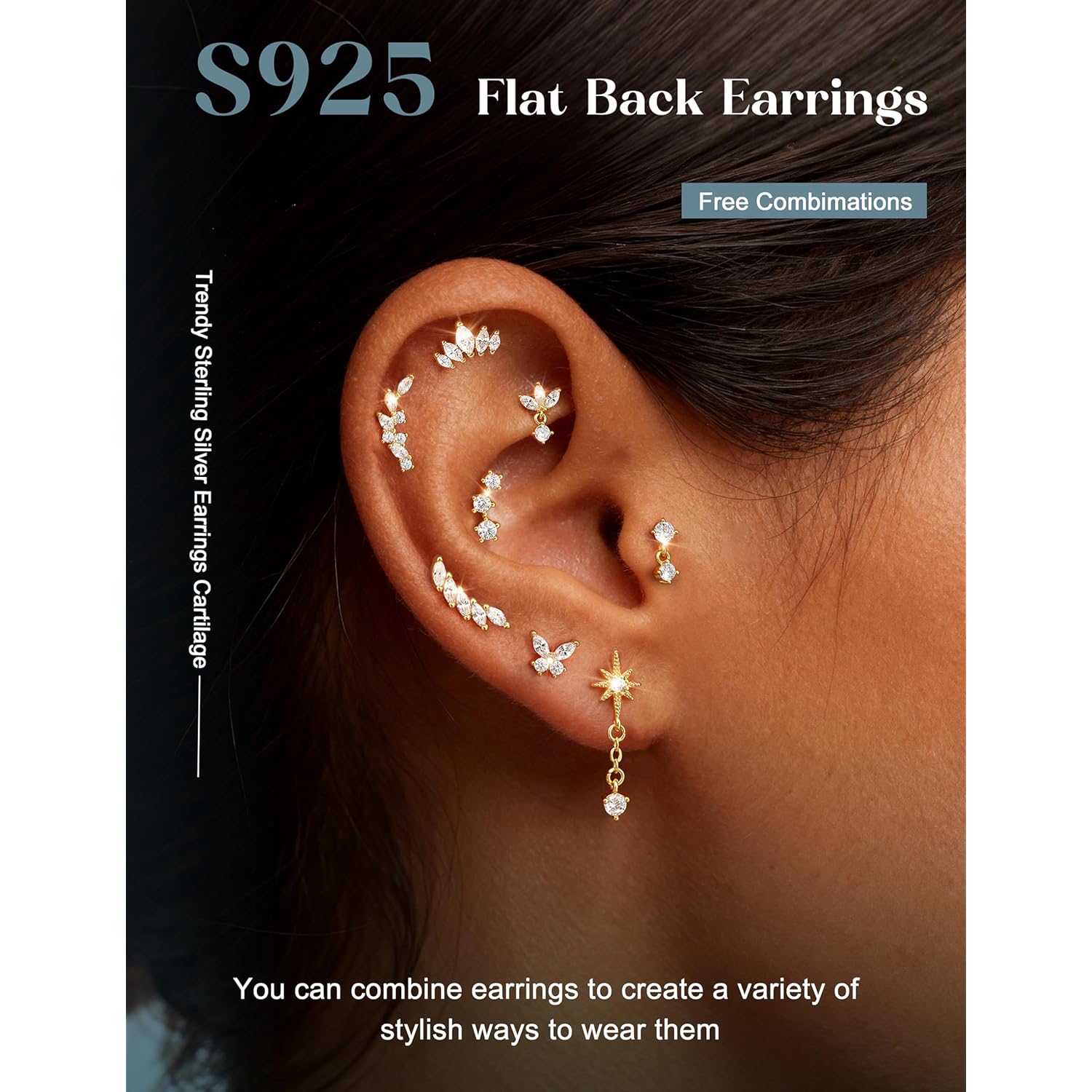 LOLIAS Hypoallergenic Cartilage Earrings for Women Flat Back-925 Sterling Silver Post Stud Flatback Earrings for Sensitive Ears-20G Ear Crawler Climber Cartilage Earring Tragus Conch Helix Piercing Jewelry