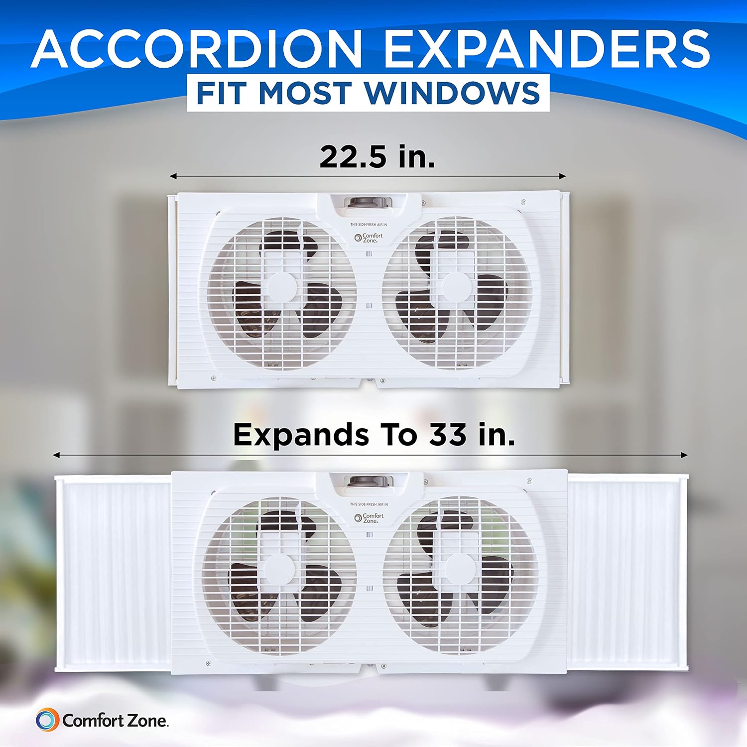 Comfort Zone Twin Window Fan With Reversible Airflow Control, 9 Inch, Auto-Locking Expanders, 2 Speed Fan, Dual Fan, Exhaust, Airflow 9.84 Ft/Sec, Ideal For Home, Kitchen, Bedroom & Office, Cz319Wt