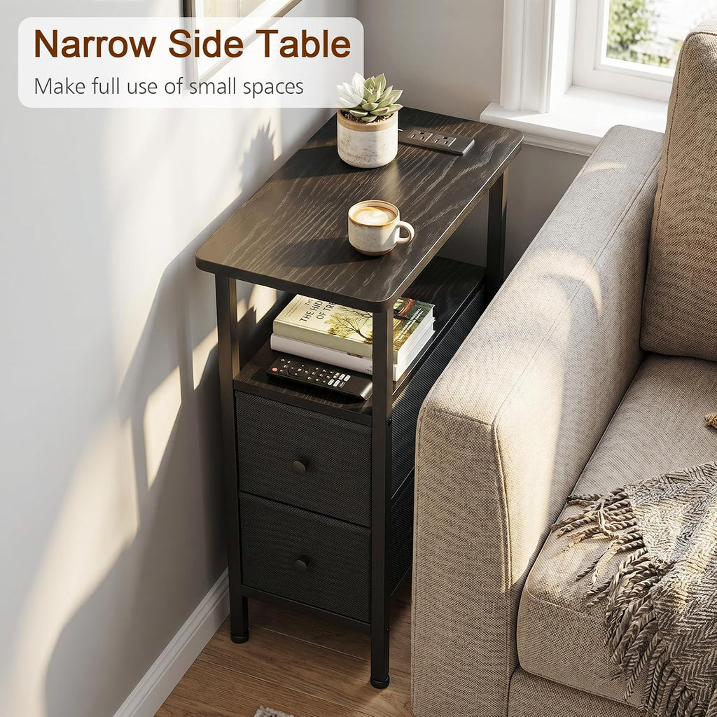 Narrow End Table Living Room With Charging Station, Skinny Side Table With Fabric Drawers, Slim Nightstand For Bedroom, Small Spaces, Couch, Black, Hetndp02Bk-1