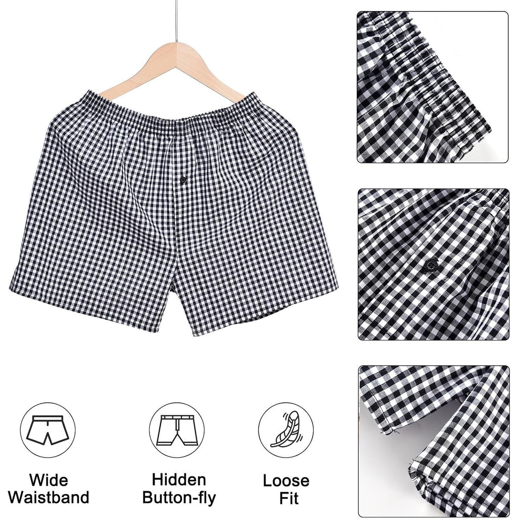 Mens Cotton Boxers Funny Woven Pattern Plaid Boxer Shorts Inseam Pajamas Single Pack