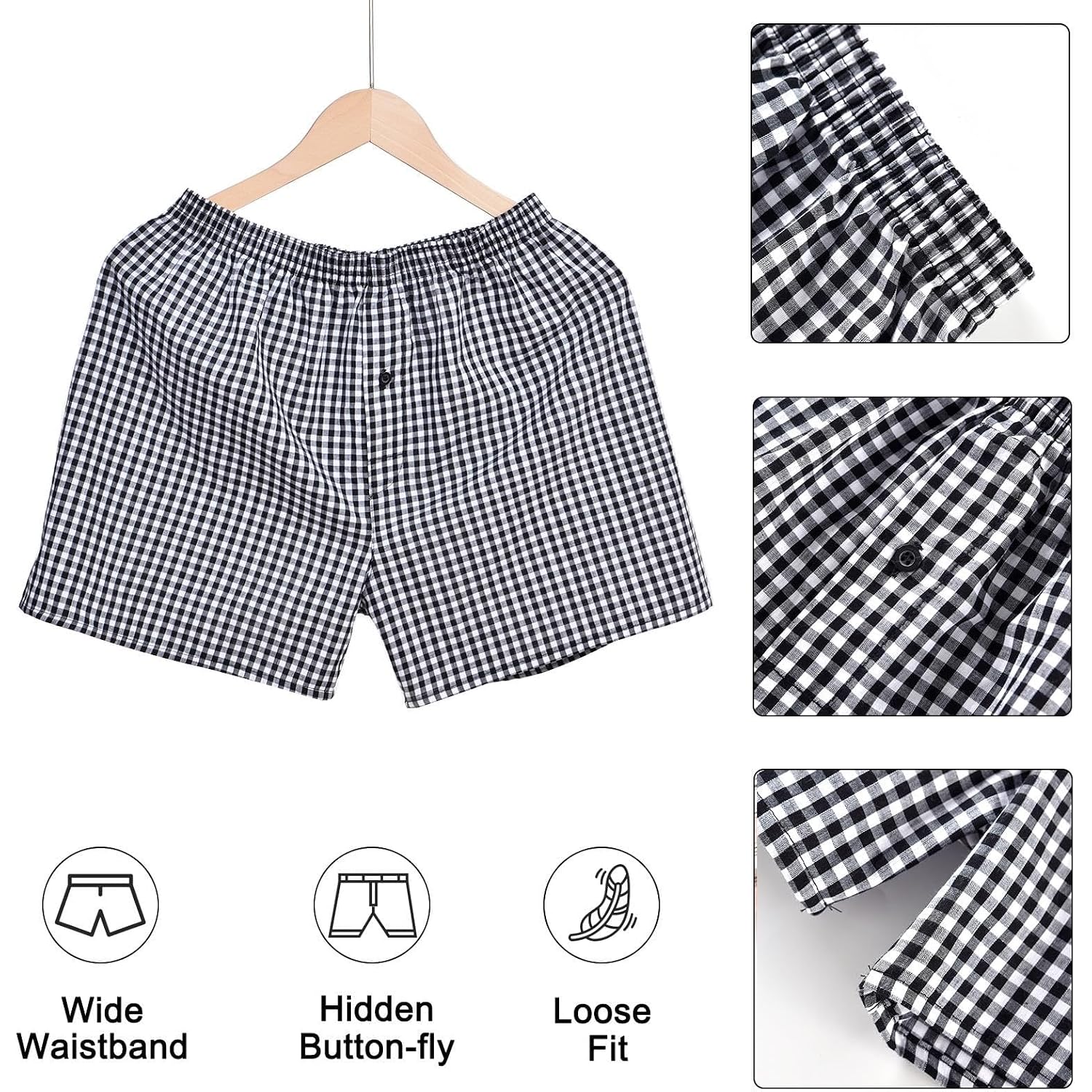Mens Cotton Boxers Funny Woven Pattern Plaid Boxer Shorts Inseam Pajamas Single Pack