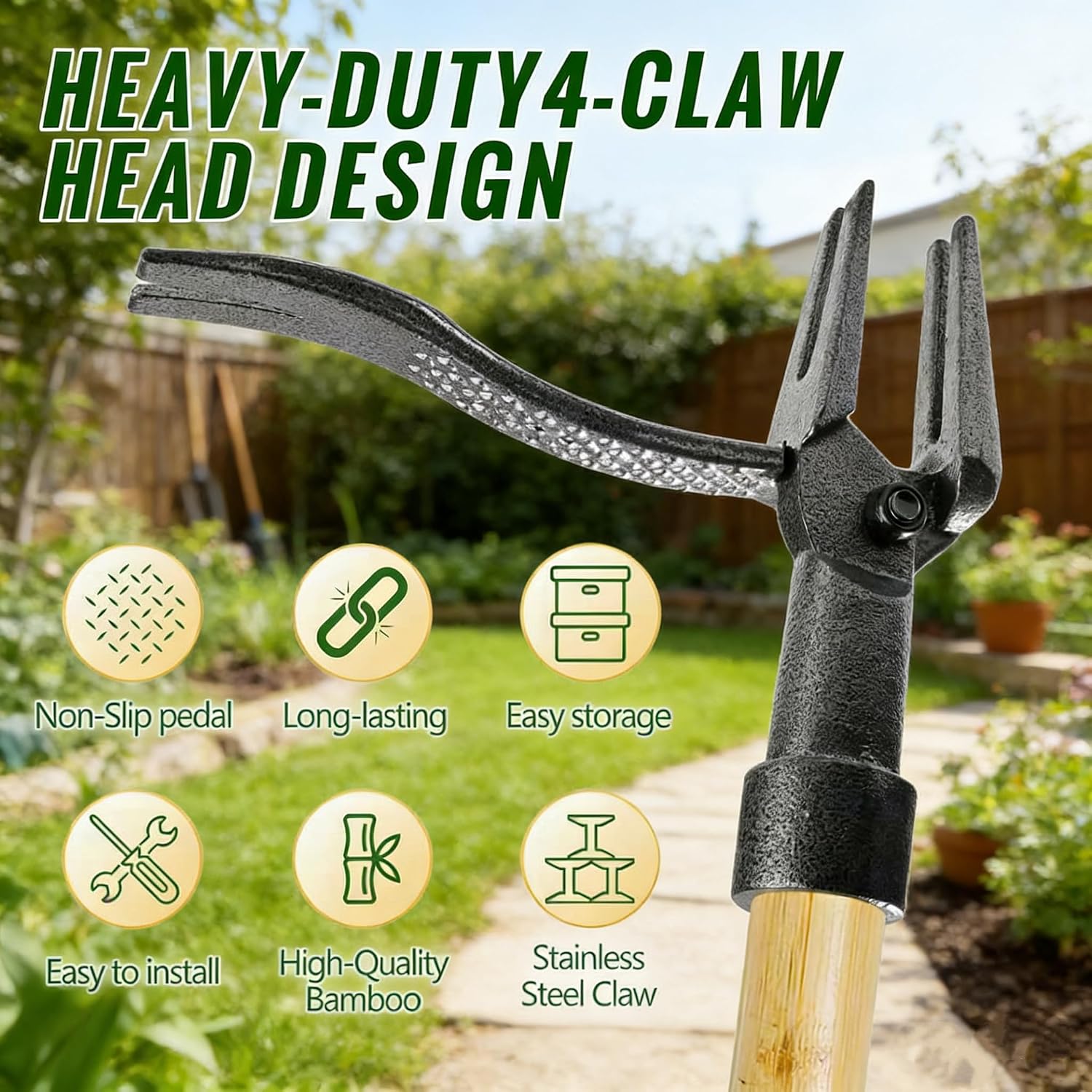 Weed Puller Tool, Stand Up Heavy Duty Weed Remover Tool With Long Handle & 4-Claw Steel Head, Bamboo Garden Hand Weeding Tool - Easily Remove Weeds Without Bending, Pulling,Or Kneeling