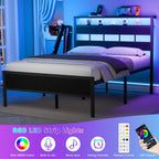 Furnulem Full Size Bed Frame with LED Light and Charging Station, Wood Storage Headboard with 2-Tier Shelves, Metal Platform Bed with Heavy Duty Slats Support, No Box Spring Needed, Black Oak