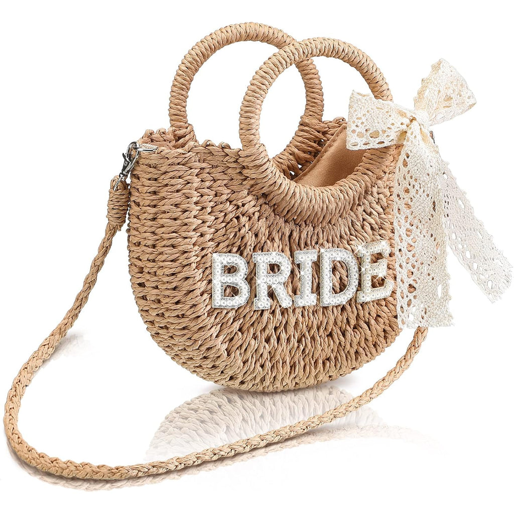 Bride Gift Bride Straw Purse Mrs Handwoven Bag Rhinestone Letter Bag Bachelorette Honeymoon Wedding Bridal Shower
