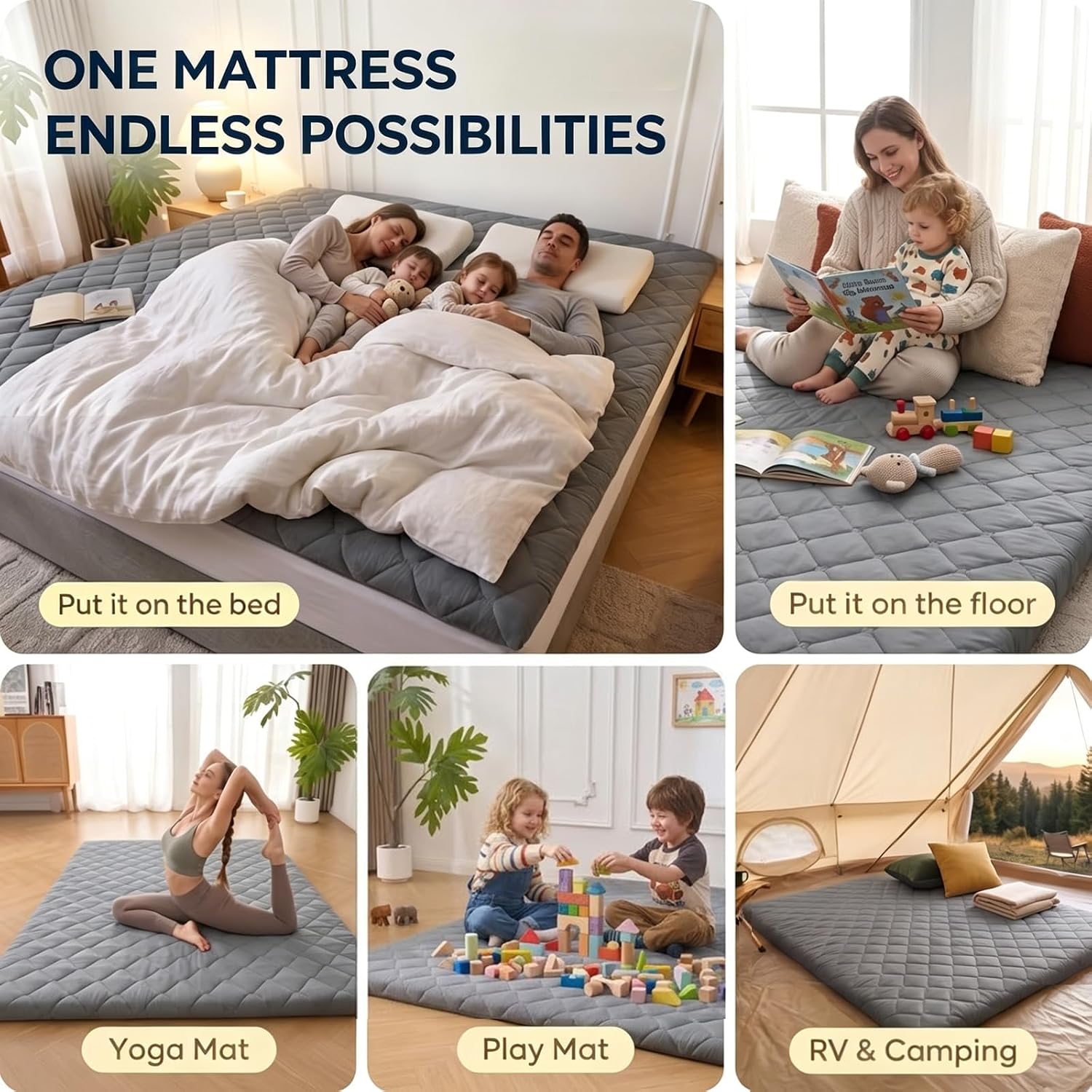 Japanese Floor Mattress, Futon Mattress Roll Up Tatami Mat With Handle, Foldable Floor Bed Sleeping Pad For Camping, Twin Size, Grey(39X75)