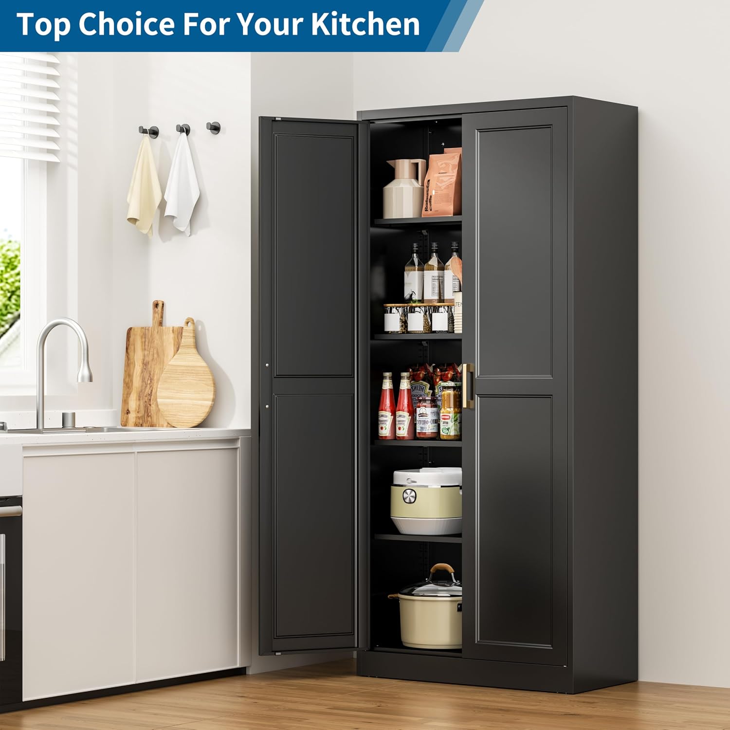 71" Metal Storage Cabinet With 4 Adjustable Shelves, Black Tall Pantry Cabinet With Doors, 180 Lbs Load Per Shelf, Heavy Duty Steel Organizer For Garage, Kitchen & Home
