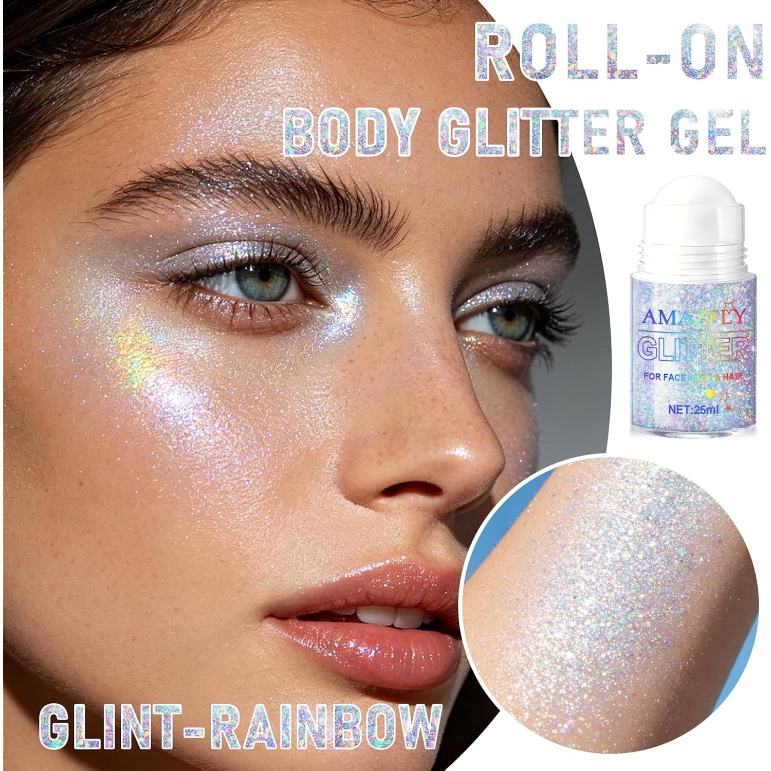 Roll-on Holographic Body Glitter Gel for Face and Hair, Chameleon Color Changing Glitter Gel Under Light, Chunky Mermaid Sequins Shimmer Makeup for Halloween Party Rave Accessories (Glint-Rainbow)
