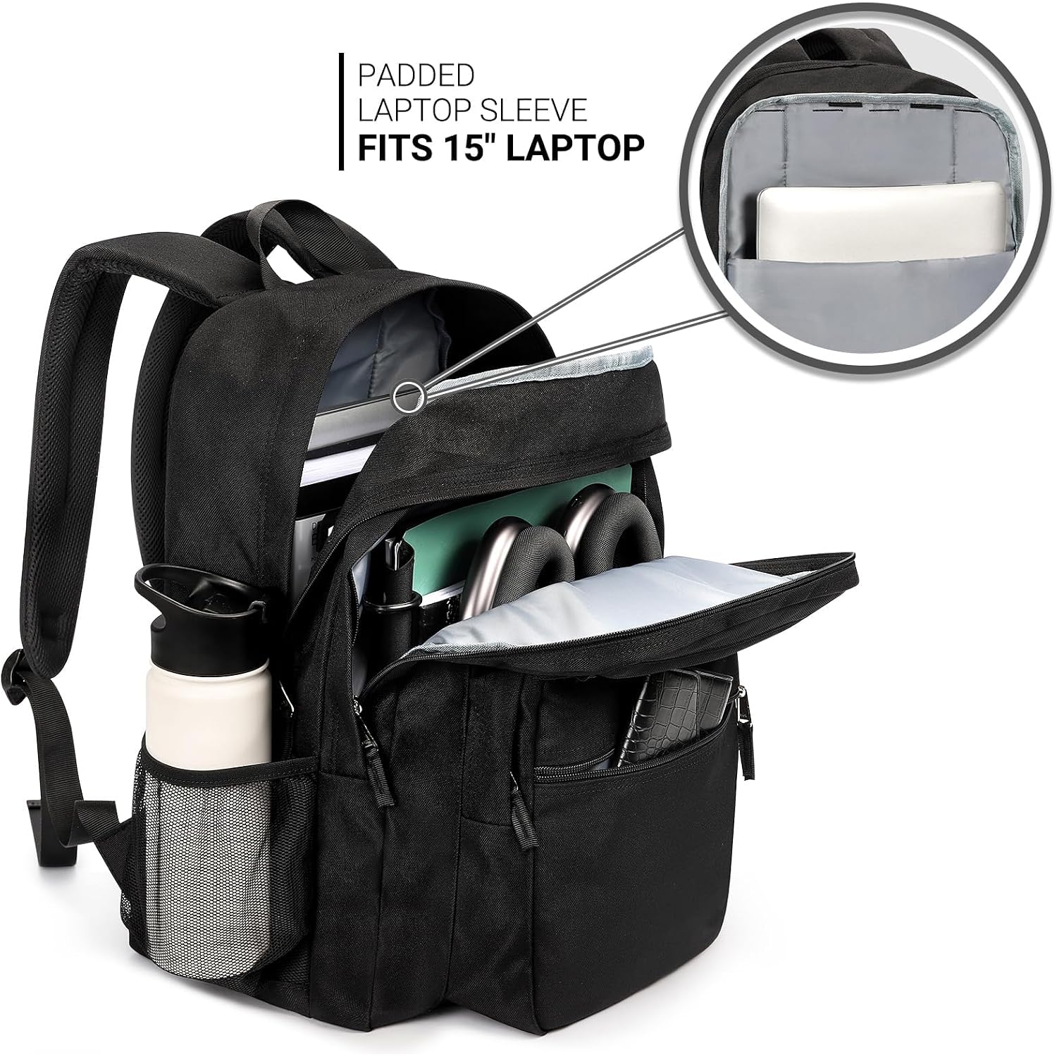 Zorfin 26L Black Backpack For College, And Travel: Water Resistant Bookbag