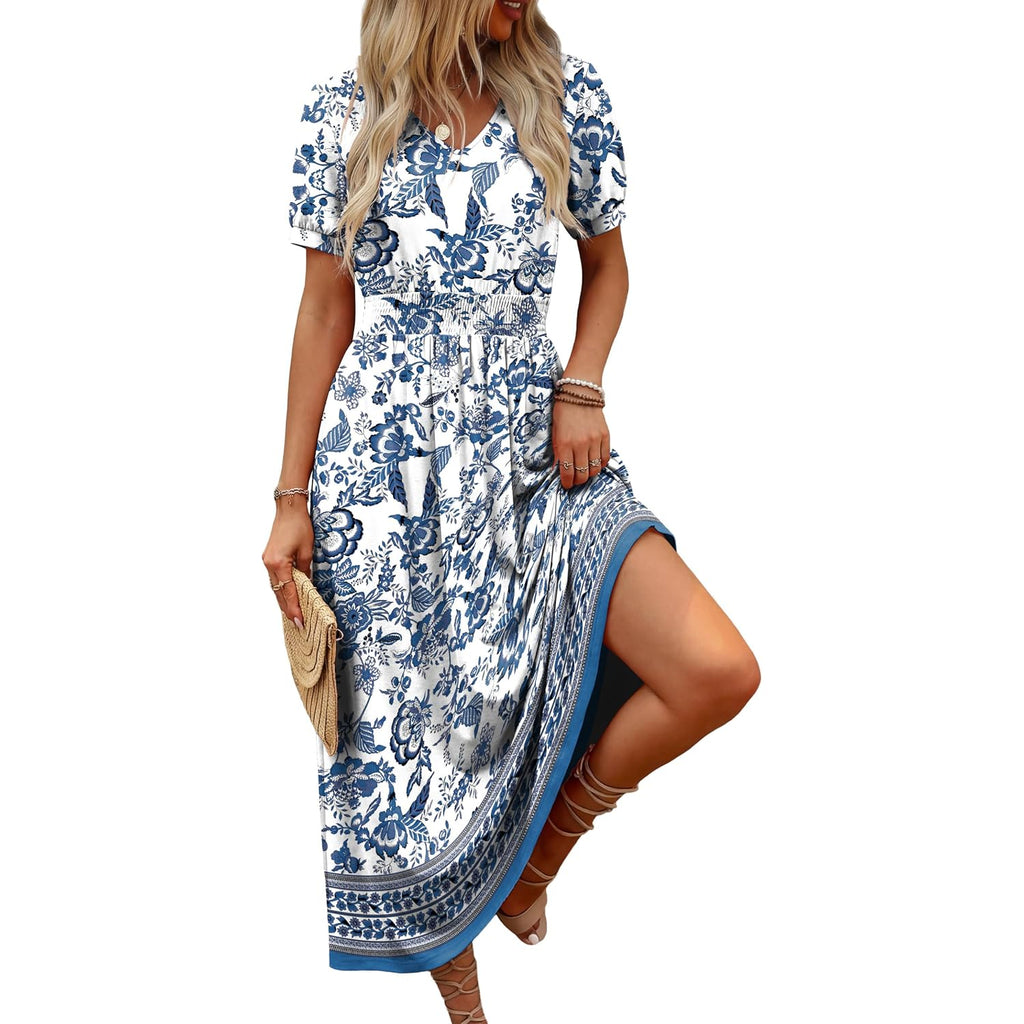 Ofeefan Maxi Dresses For Women V Neck Ladies Midi Long Dress A Line Smocked Waisted Casual Summer Spring Clothes Boho Beach
