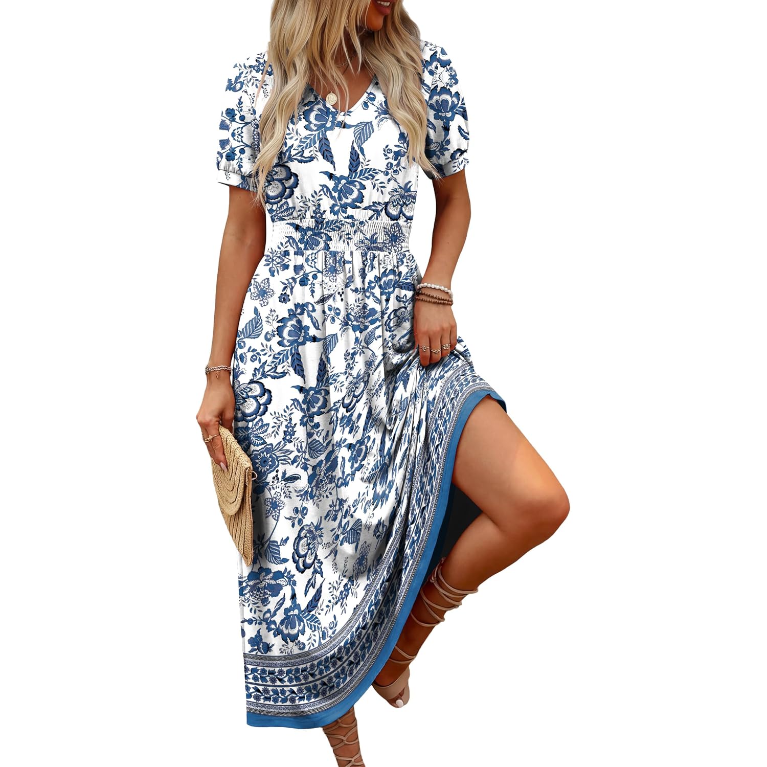 Ofeefan Maxi Dresses For Women V Neck Ladies Midi Long Dress A Line Smocked Waisted Casual Summer Spring Clothes Boho Beach