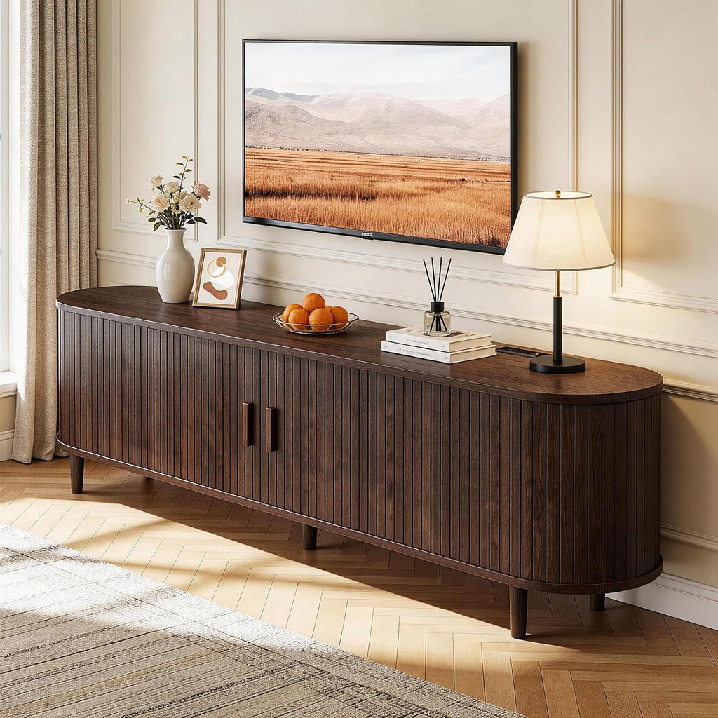 65" Mid Century Modern Tv Stand With Power Outlet, Fluted Entertainment Center With Storage And Adjustable Shelves, Wood Tv Console With Sliding Doors For Living Room, Walnut
