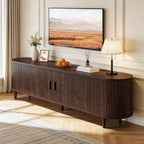 65" Mid Century Modern Tv Stand With Power Outlet, Fluted Entertainment Center With Storage And Adjustable Shelves, Wood Tv Console With Sliding Doors For Living Room, Walnut