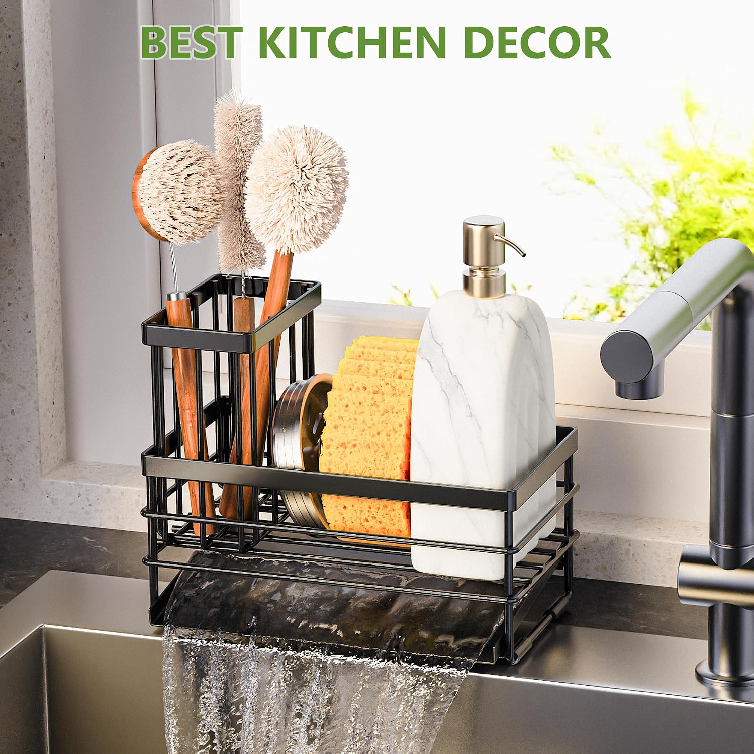 Sink Caddy Sponge Holder For Kitchen With Brush Holder And Stainless Steel Self Drain Tray, Rustproof Kitchen Sink Organizer For Sponge, Soap Dispenser Storage Accessories