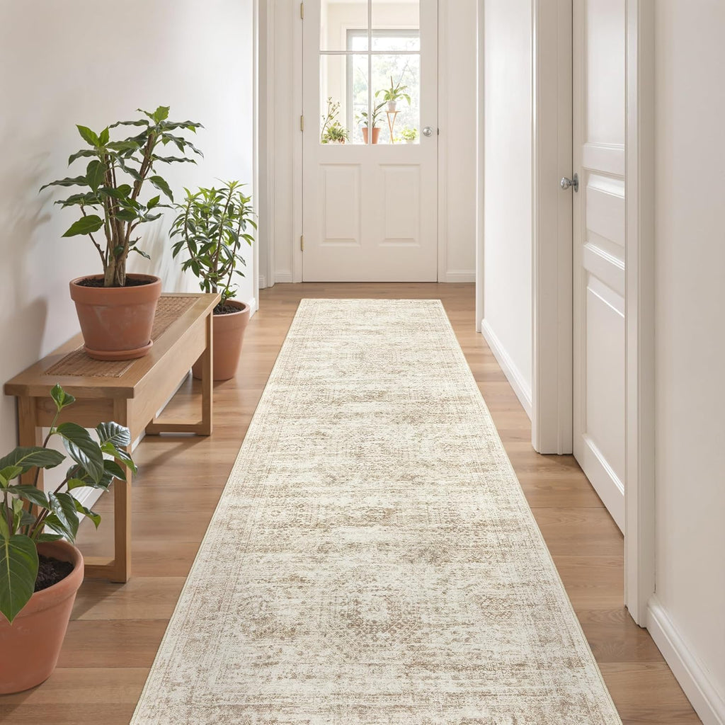 Rug Runners for Hallways Non Slip - 2x8 Runner Rug for Bedroom, Washable Runner with Rubber Backing, Soft Low-Pile Carpet for Kitchen, Laundry, Bathroom (2'x8', Beige/Ivory)
