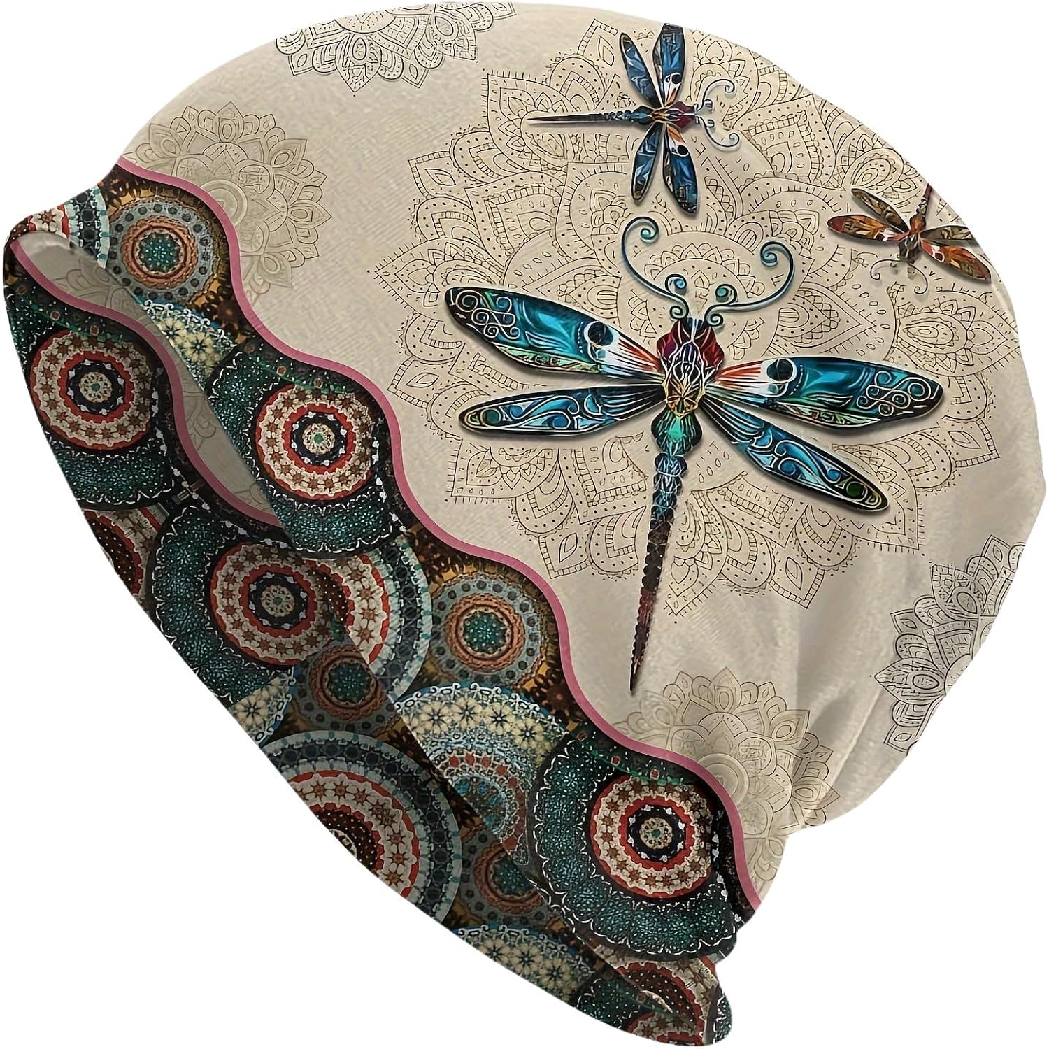Tenna Teki Women Slouchy Beanie Chemo Hat Cancer Caps for Patient | Autumn Spring Lightweight Comfortable Breathable Beanie for Men Dragonfly Mandala Beige