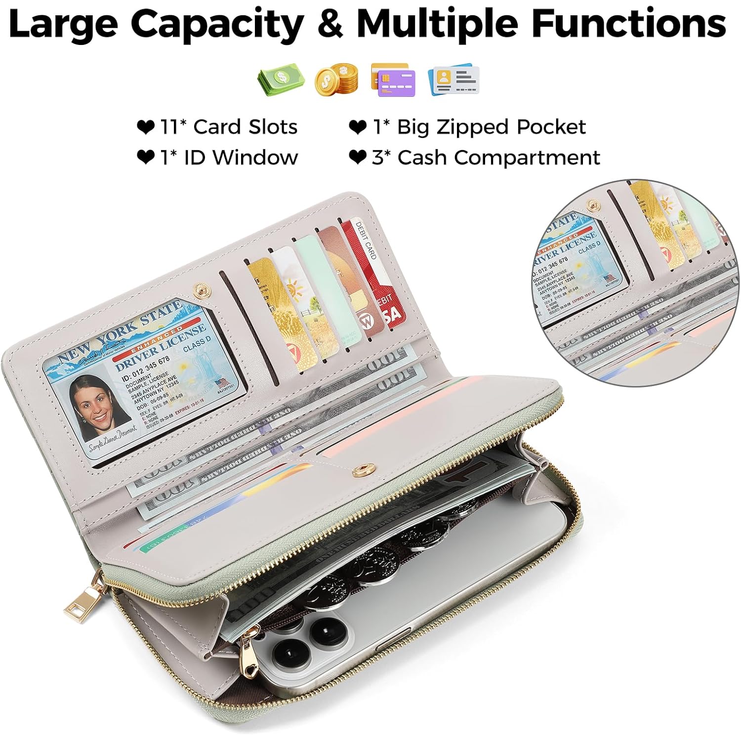 Wallet Women PU Soft Leather Large Womens Wallet Bi-fold Credit Card Holder Ladies Wallets With ID Window Coin and Cash Organizers Long Clutch Wallet Women, Black