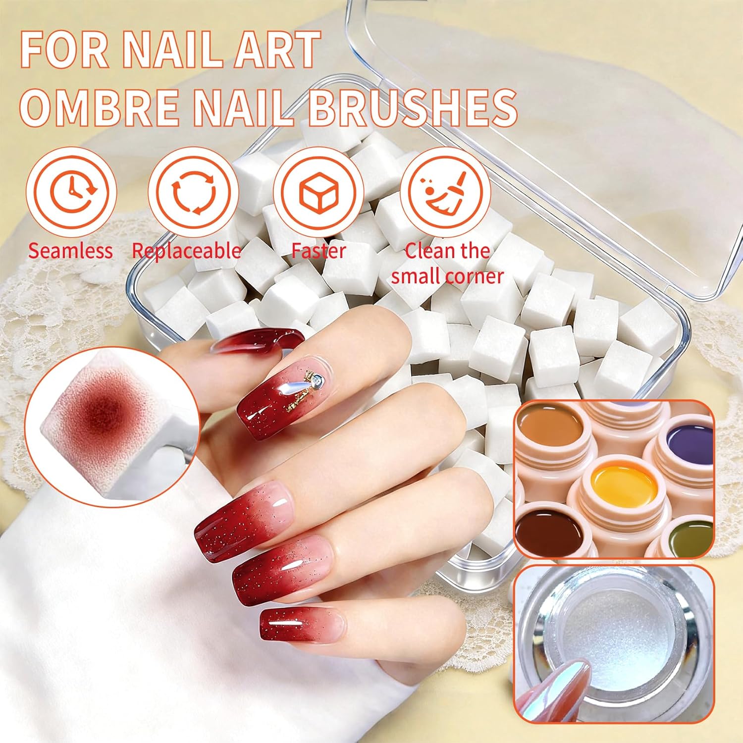 200Pcs Nail Sponges for Ombre:Soft Nail Art Sponges With Grabbing Pen for Gradient Ombre Blush Chrome Design Effects,Professional Accessories Supplies for Home and Salon Use