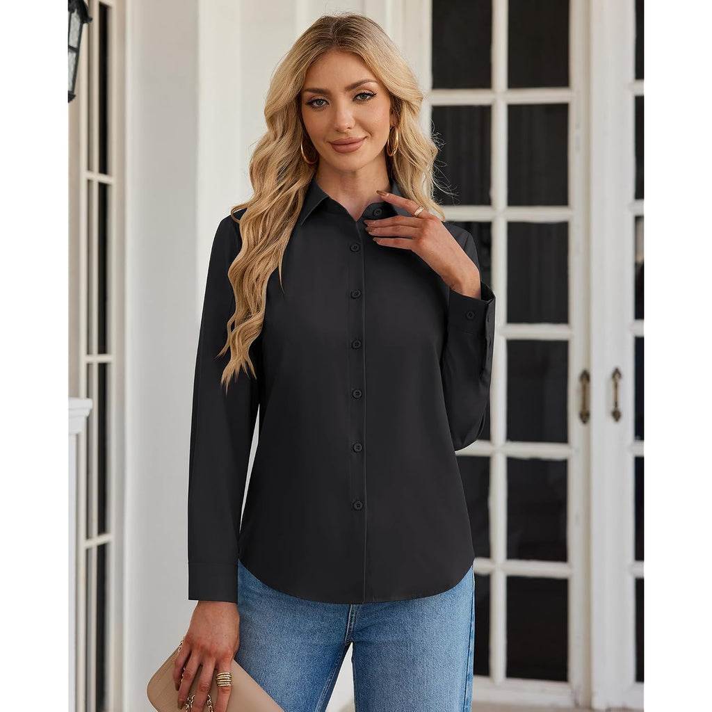 Siliteelon Button Down Shirts For Women Stain Shield Long Sleeve Dress Shirts Wrinkle-Free Collared Work Office Blouses