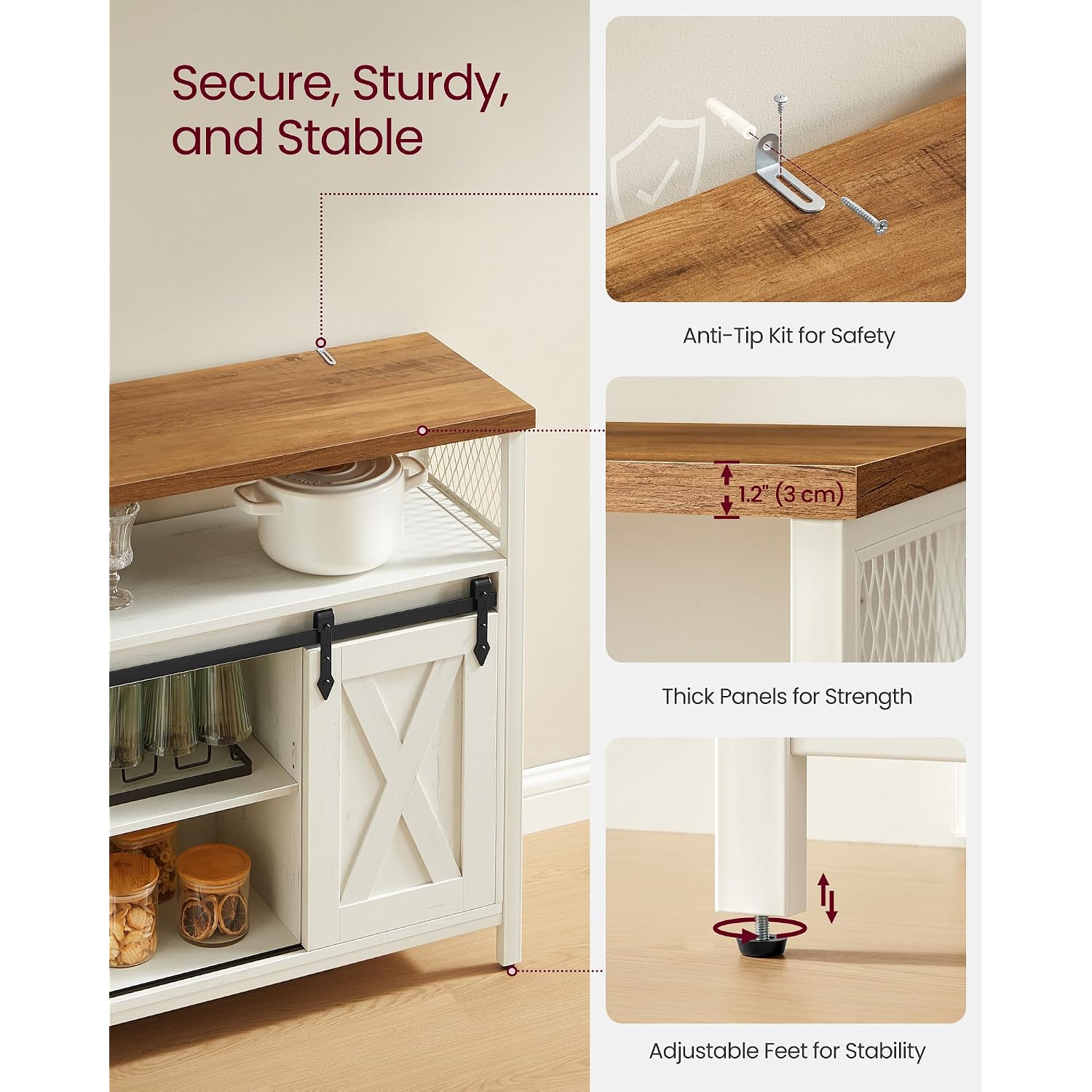 Vasagle Buffet Cabinet, Coffee Bar Storage Cabinet, Sideboard With 2 Sliding Barn Doors, Adjustable Shelves, 13 X 39.4 X 31.5 Inches, For Living Room, Rustic White And Honey Brown Ulsc092W01