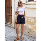 Linen Shorts Women Casual Wide Leg High Waisted Summer Outfits Comfy Elastic Waist Beach Shorts with Pockets