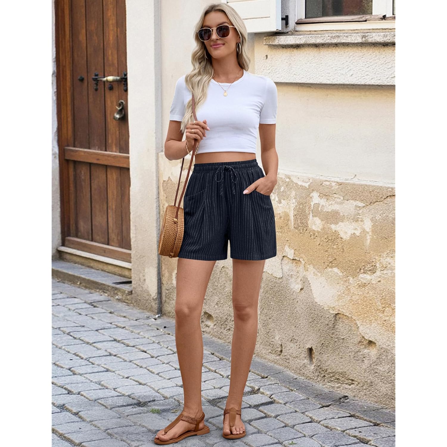 Linen Shorts Women Casual Wide Leg High Waisted Summer Outfits Comfy Elastic Waist Beach Shorts with Pockets