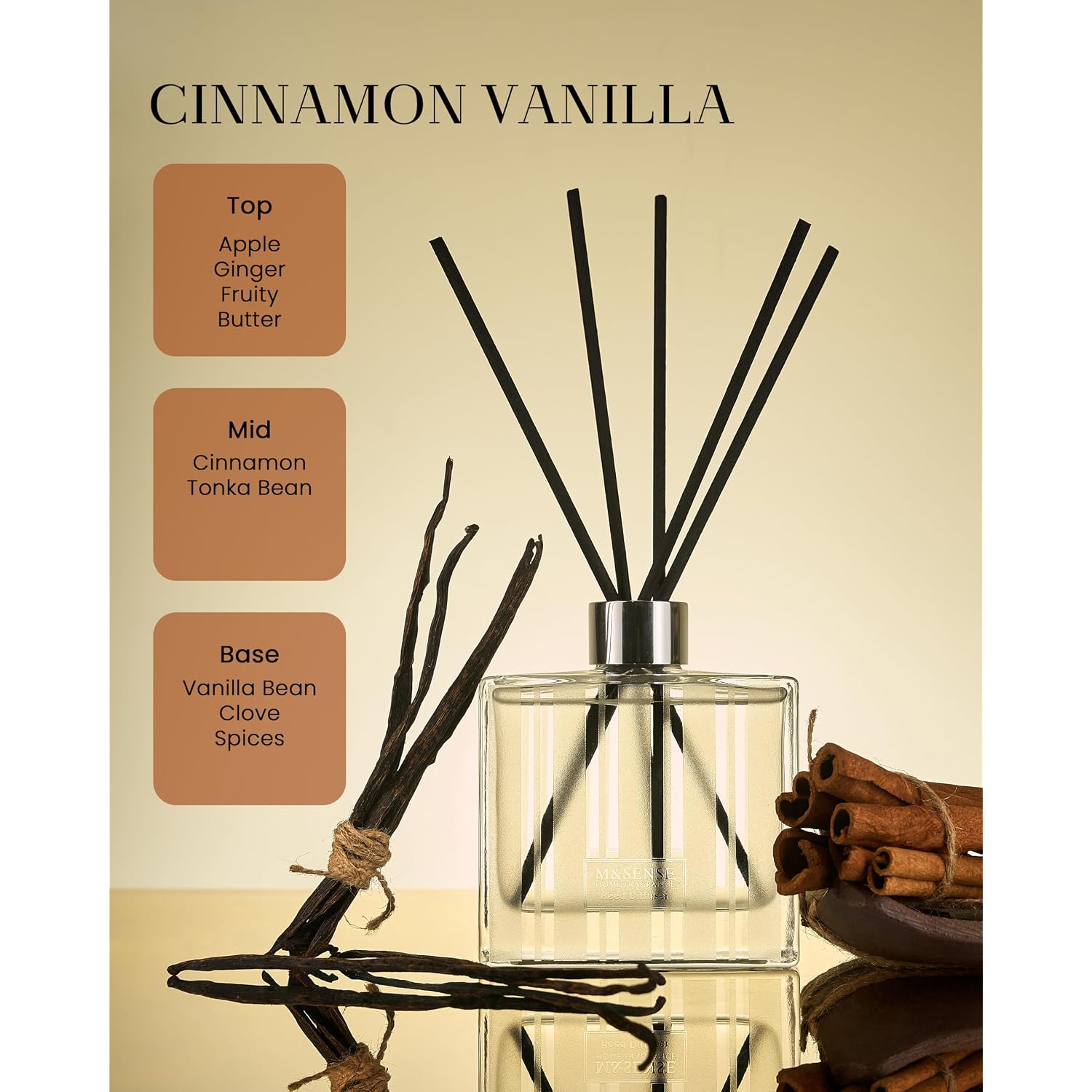M&Sense Cinnamon Vanilla Reed Diffuser Set - 7.04Oz Scent Diffusers For Home, Natural Essential Oil Diffuser With Sticks, Housewarming Diffuser Gift For Bathroom Bedroom & Office