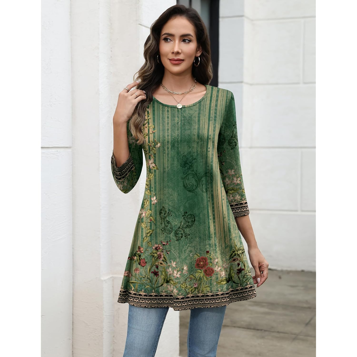 Women Tops 3/4 Sleeve Dressy Casual Plus Size Tunics to Wear with Leggings Swing Flare T-Shirt Loose Blouses