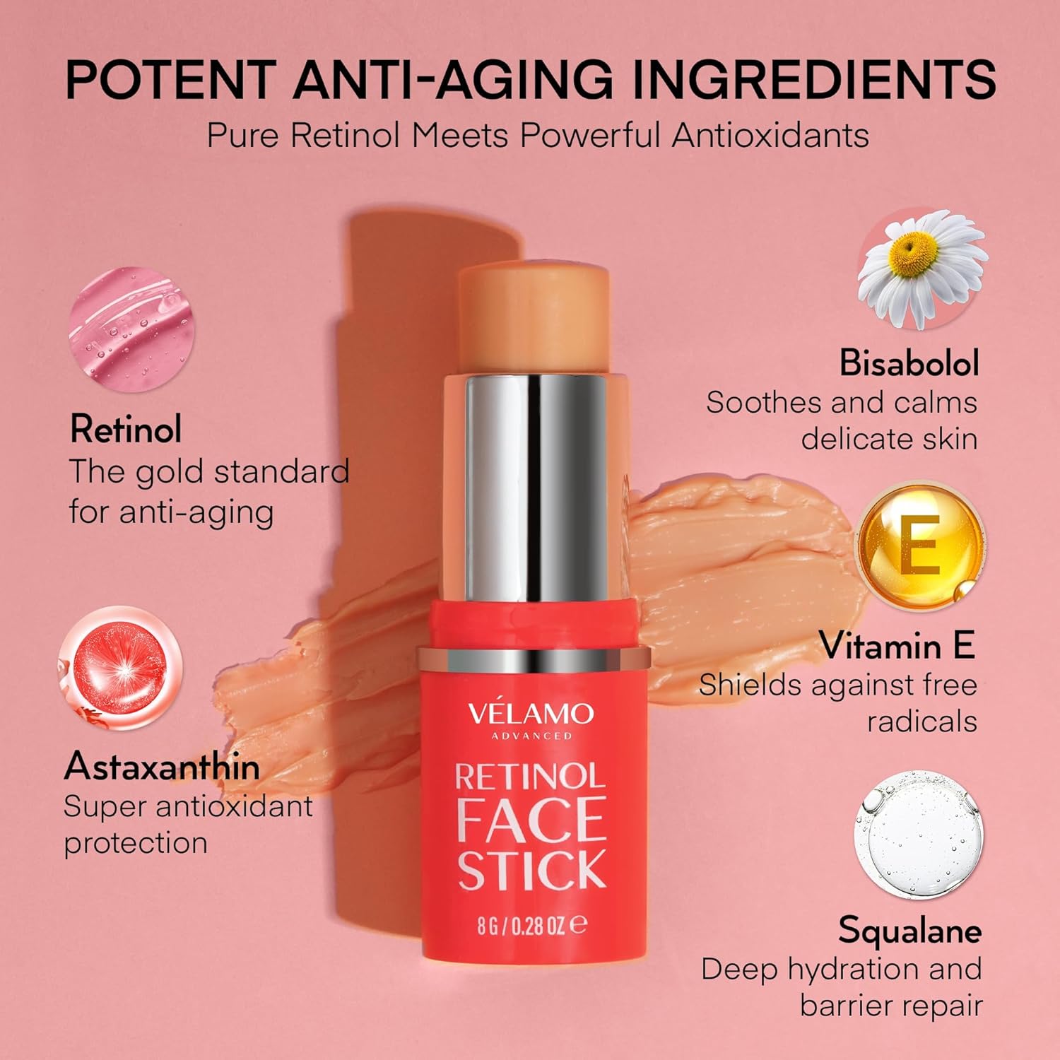 VELAMO ADVANCED Retinol Face Stick – Reduces Fine Lines, Wrinkles & Uneven Texture in 4–8 Weeks – For Mature Skin, Women & Men – 0.28 OZ/8g