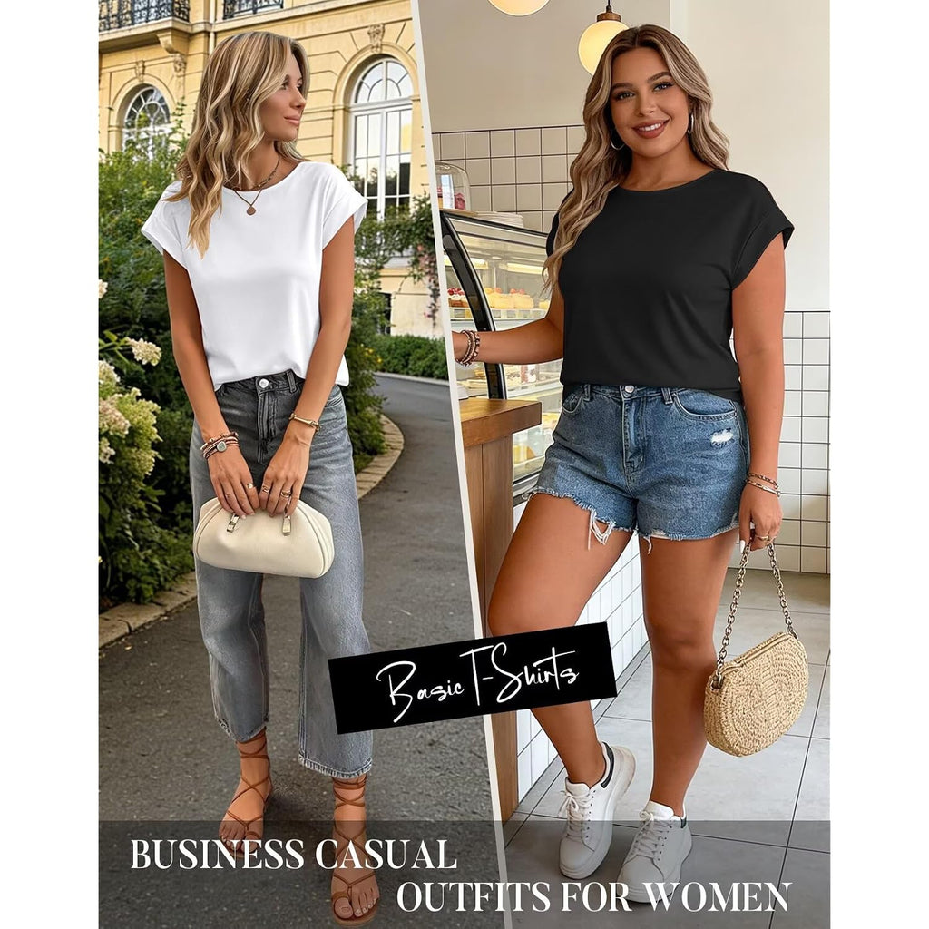2Pack Womens T Shirts Cap Sleeve 2026 Spring Summer Tops Crewneck Casual Business Fashion Clothes Loose Fit Outfits
