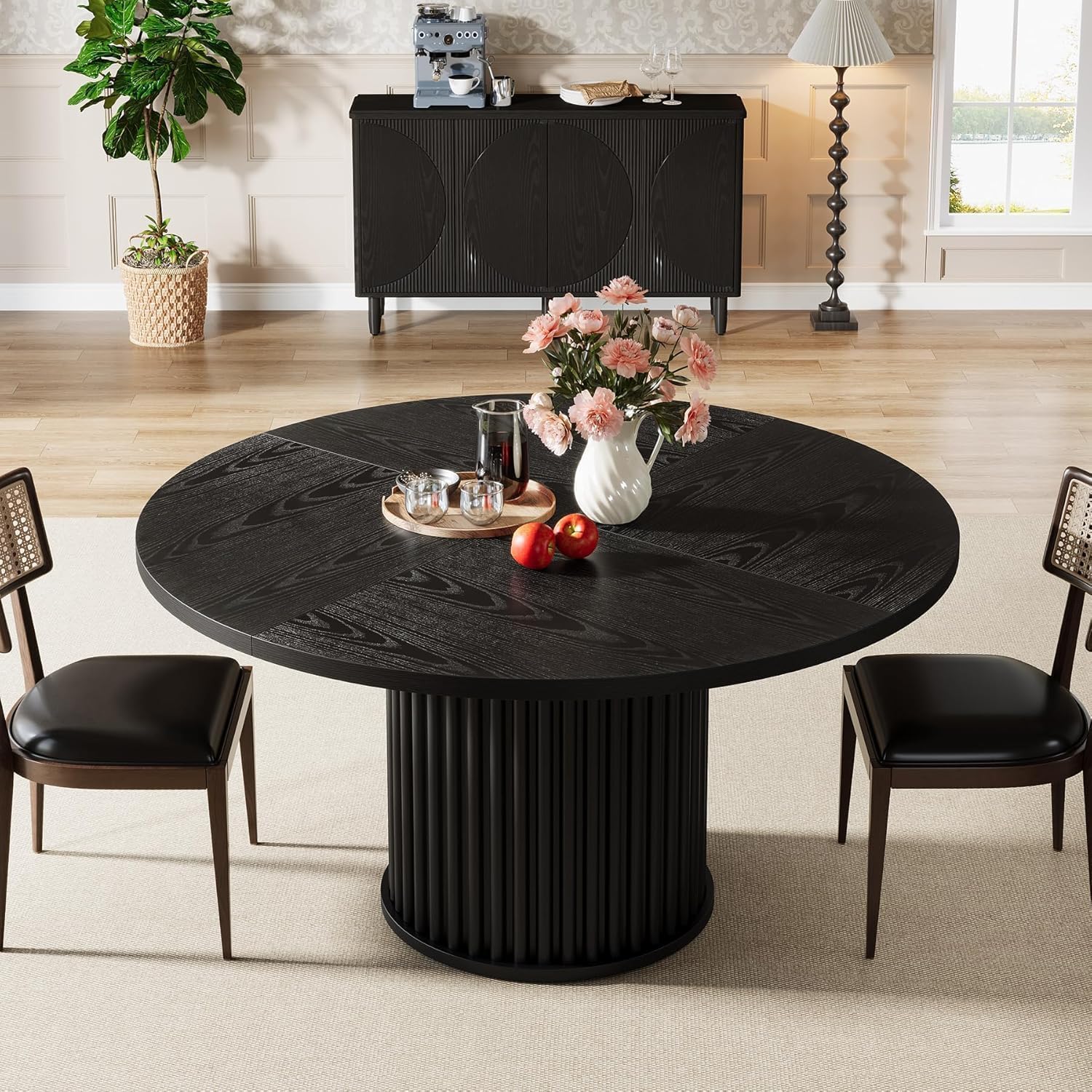 Tribesigns 47.24-Inch Black Round Dining Table For 4-6 People, Modern Fluted Mdf + Metal Base Kitchen Table, Sturdy Circle Dining Room Furniture, Black