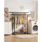 Double Rods Clothes Rack - Metal Clothing Rack With Fixed Double Rods, Rolling Wheels & Built-In Shelf For Closet, Bedroom, Laundry Storage (39" X 17" X 60", Black)