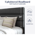 Allewie Queen Size Platform Bed Frame with Fabric Upholstered Headboard and Wooden Slats Support, Fully Upholstered Mattress Foundation/No Box Spring Needed/Easy Assembly, Dark Grey