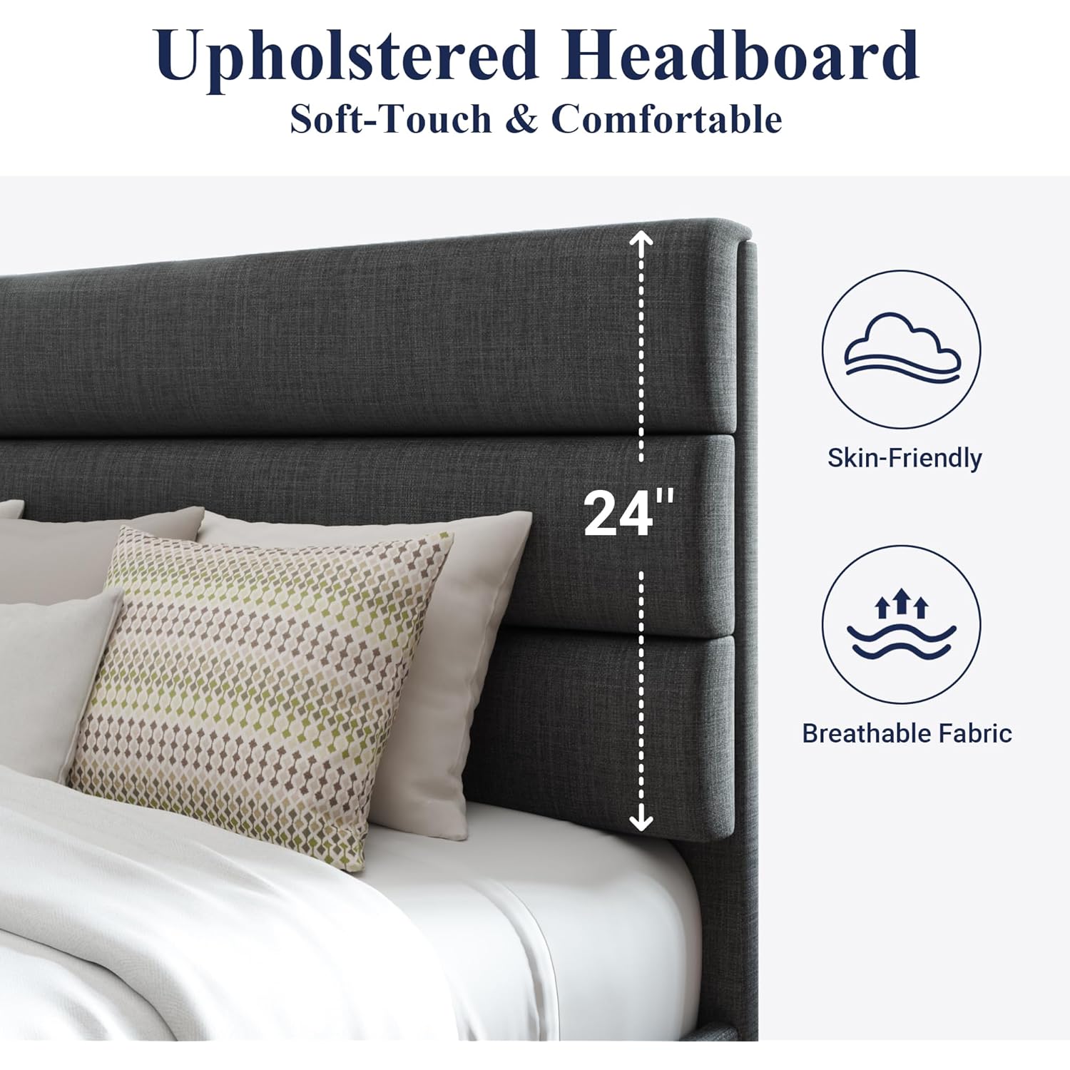 Allewie Queen Size Platform Bed Frame with Fabric Upholstered Headboard and Wooden Slats Support, Fully Upholstered Mattress Foundation/No Box Spring Needed/Easy Assembly, Dark Grey
