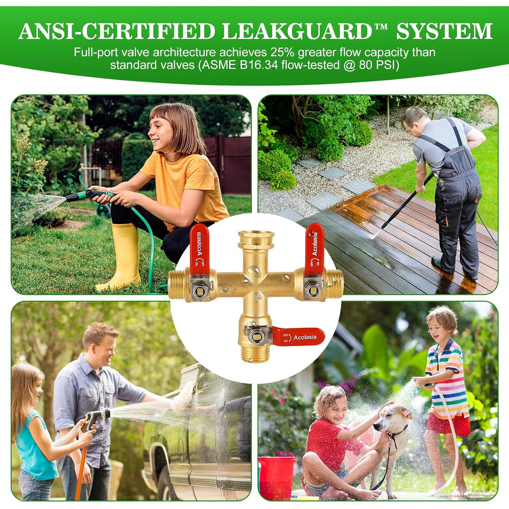 Hose Splitter 3 Way Heavy Duty Brass Garden Hose Splitter With 304 Stainless Steel Long Handle Outdoor Full Flow Hose Splitter Connector, 3/4" Ght Thread