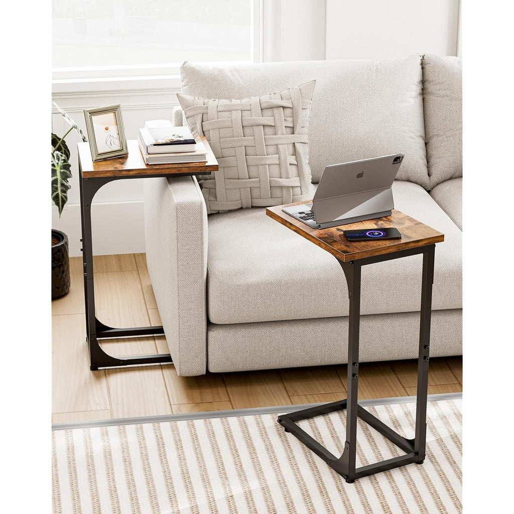 C-Shaped Side Table For Couch - Small Coffee Stand Sofa Tray Desk With Metal Frame And Waterproof Scratch Resistant, Modern End Accent For Living Room, Bedroom, Small Spaces, Rustic Brown