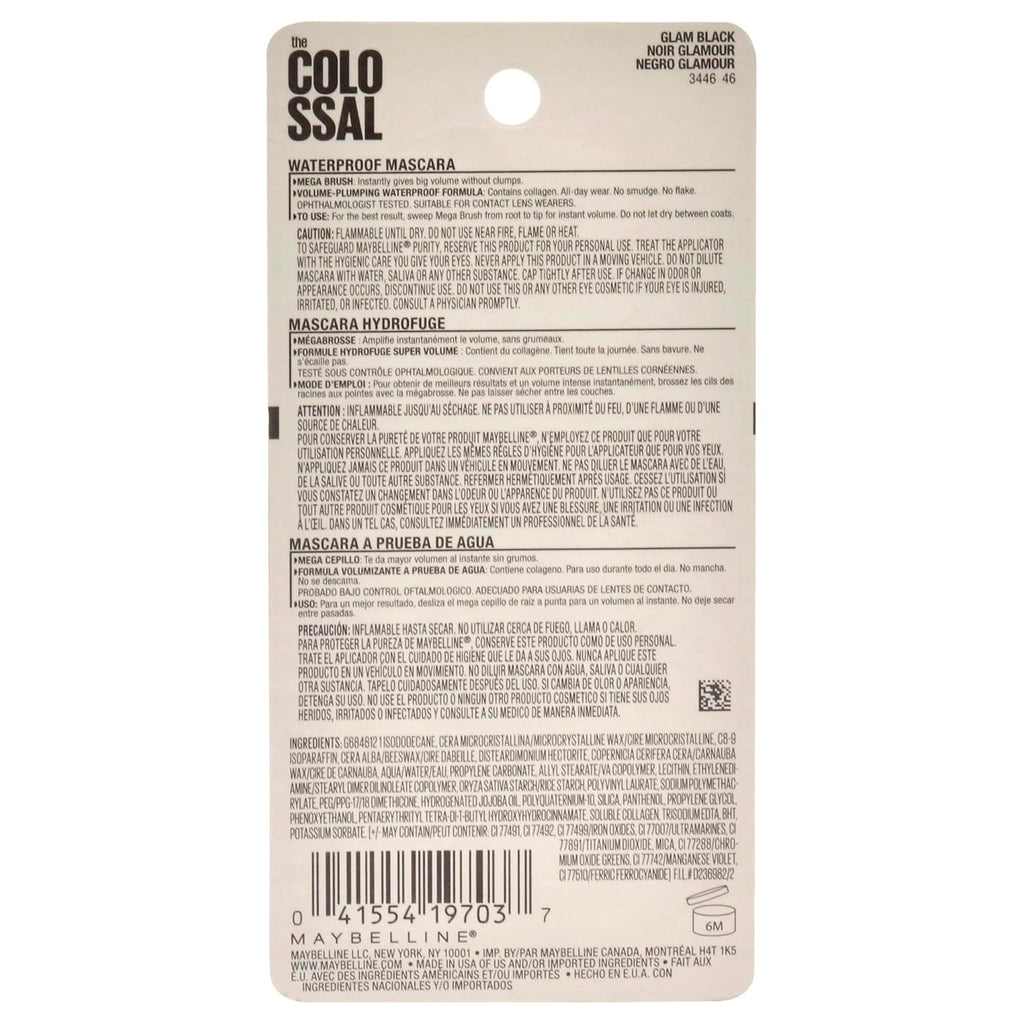Maybelline Volum' Express Colossal Waterproof Mascara Makeup, Volumizing, Glam Black, 1 Count