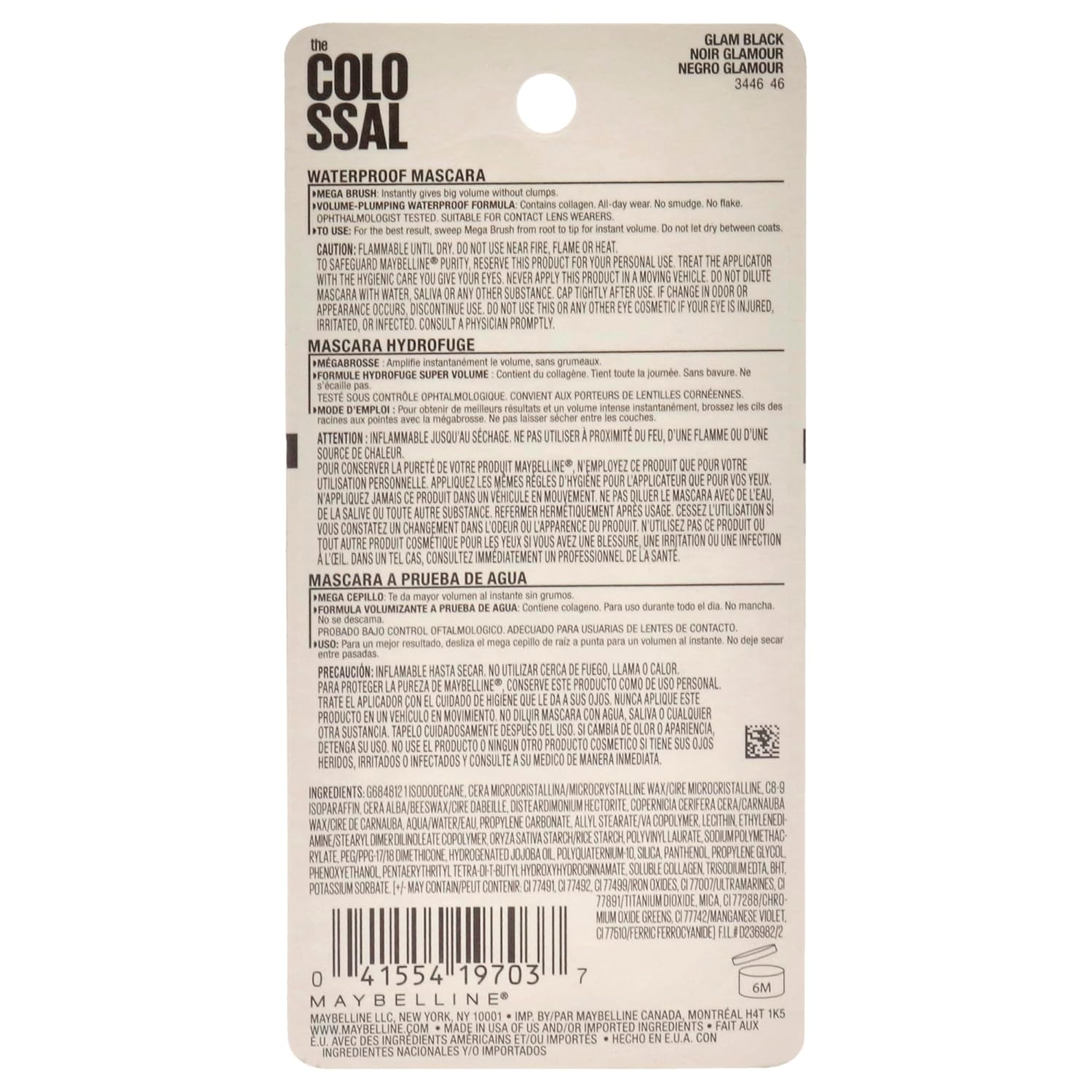 Maybelline Volum' Express Colossal Waterproof Mascara Makeup, Volumizing, Glam Black, 1 Count