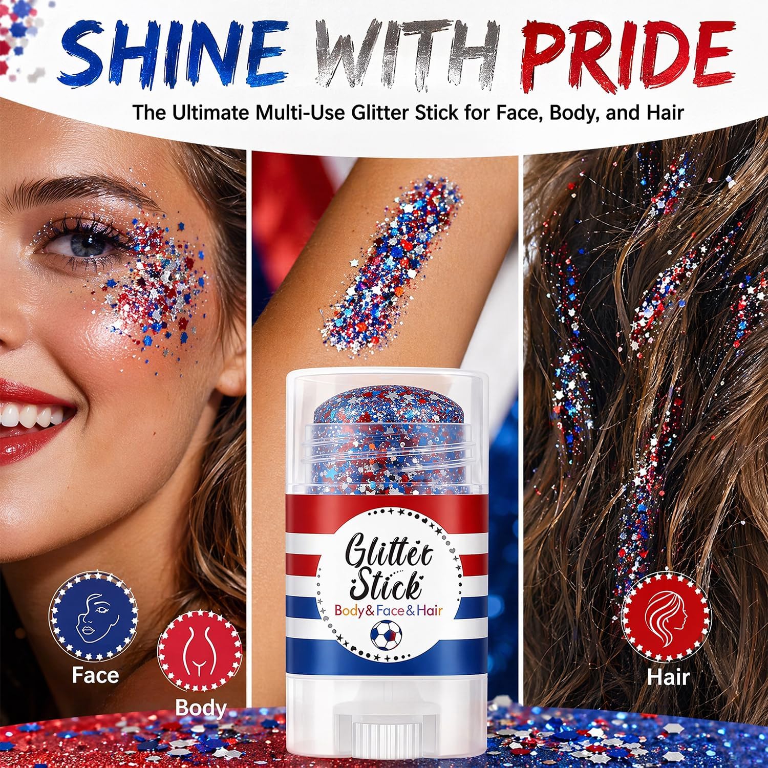 Patriotic Body Glitter Stick, Face Glitter, Red White and Blue Glitter Stick, 4th of July Decorations, 4th of July Outfits for Women, Hair Glitter for Kids, Independence Day Glitter Makeup