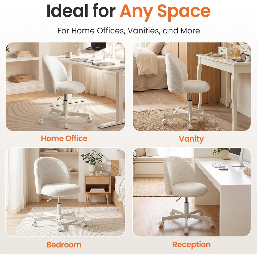 Neo Chair Office Vanity Chair With Wheels Comfy Desk Chair For Girls Cute Computer Small Armless Adjustable Height Swivel For Home Bedroom Task (White)