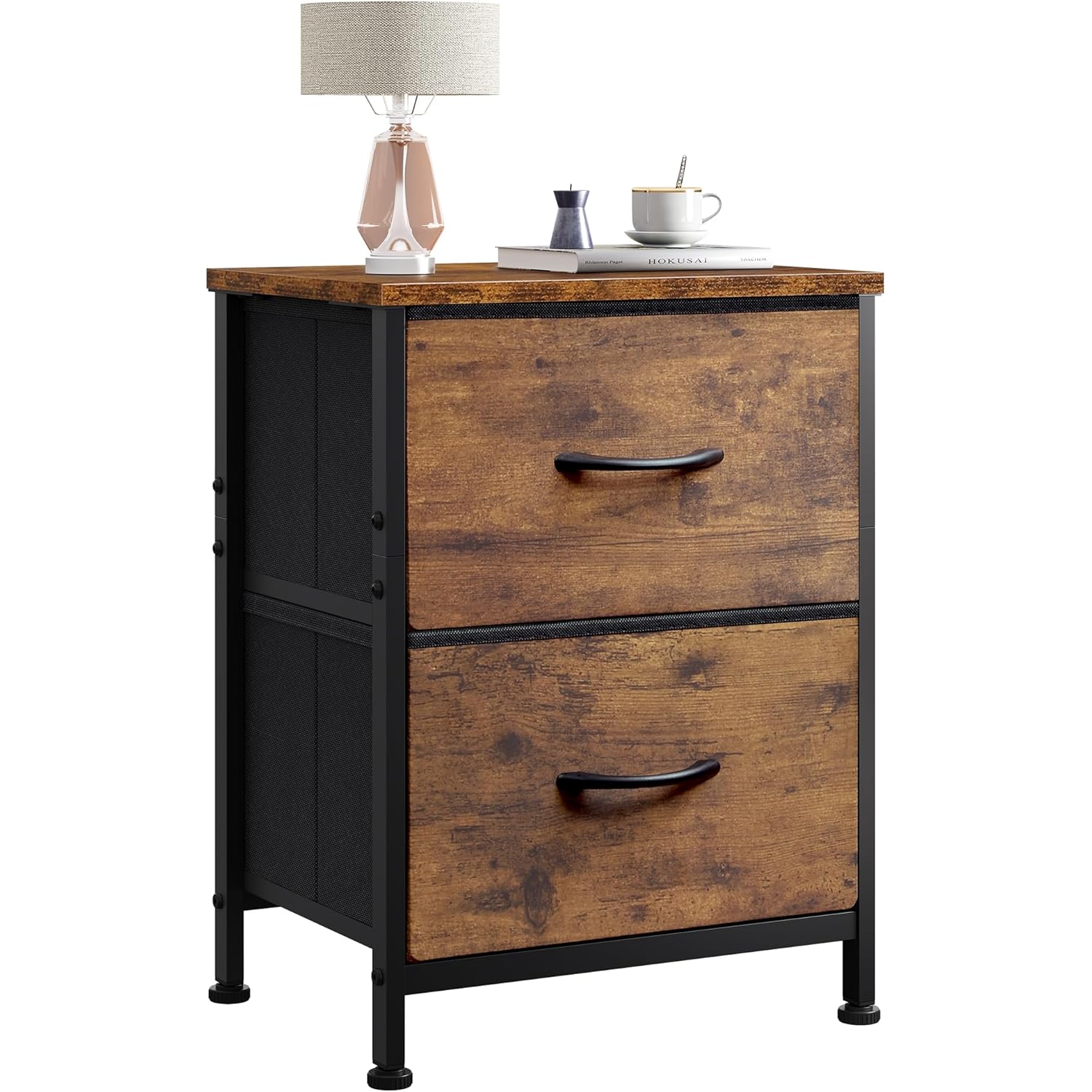 WLIVE Night Stand, Small Dresser with 2 Drawers & Wooden Top, Nightstand with Fabric Bins, Bedside Table End Table for Bedroom, Closet, Entryway, College Dorm, Rustic Brown