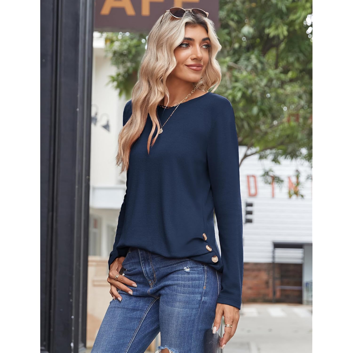 Zeagoo Womens Tops 2025 Long Sleeve Shirts For Fall Round Neck Blouses Floral Tunic Tops With Buttons Decor