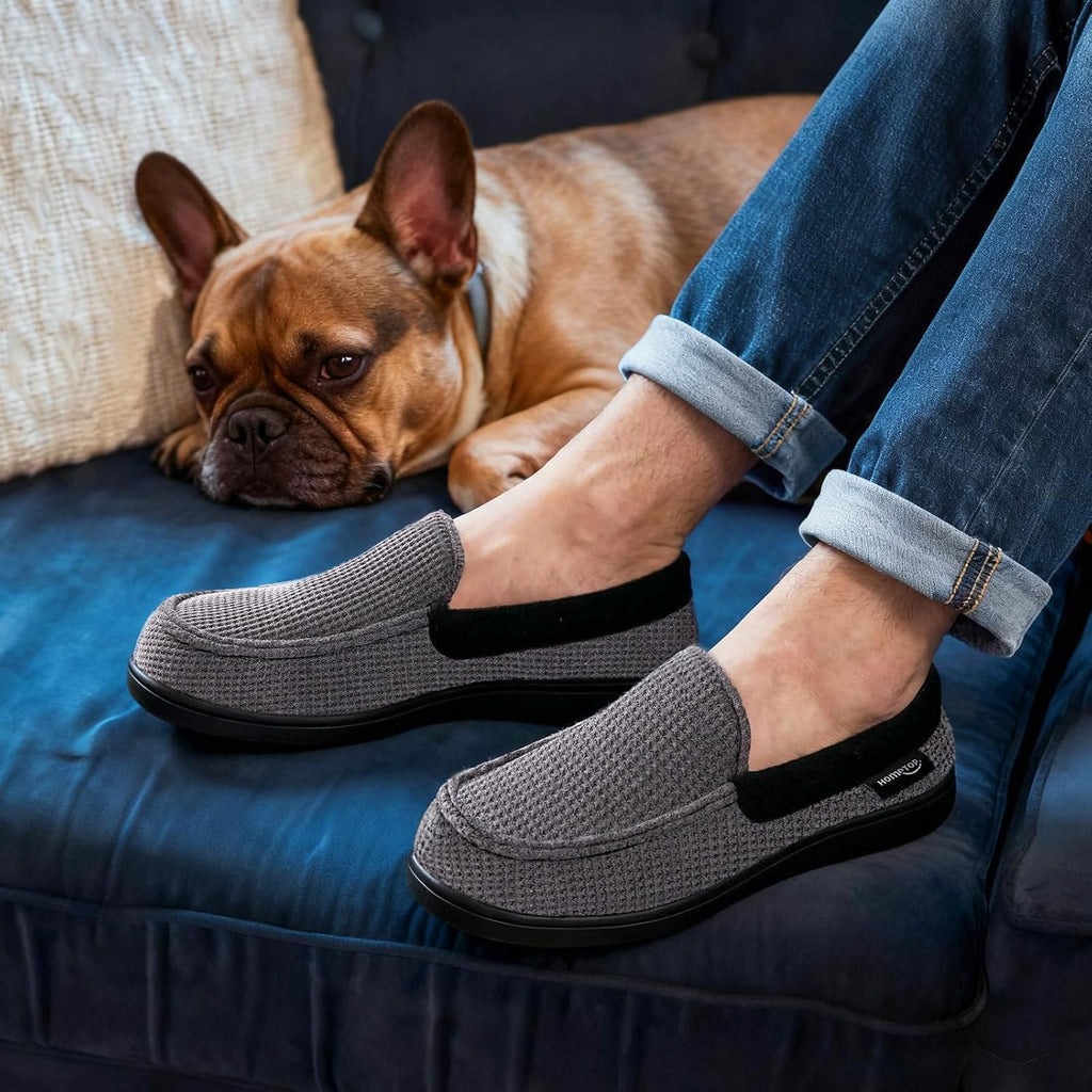 Hometop Men'S Knit Moccasin Slippers Memory Foam House Shoes Indoor Outdoor