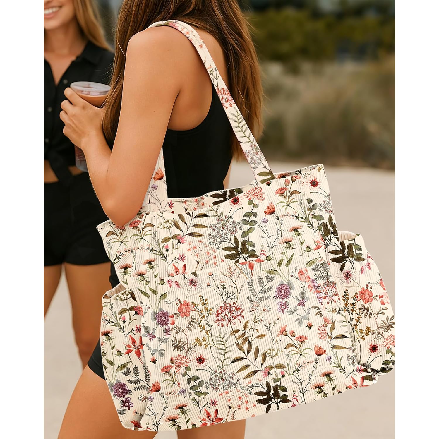 Miss Adola Cute Corduroy Tote Bag for Women - Large Capacity Multi-Pocket Shoulder Bag with Zipper