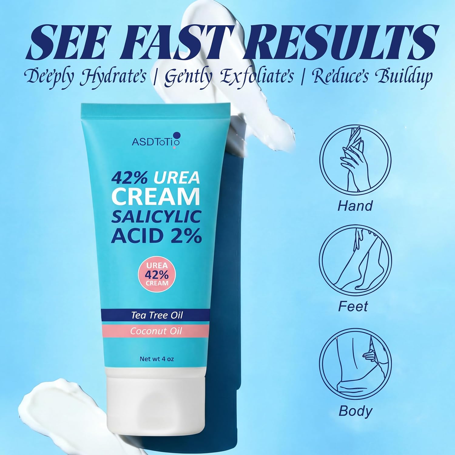 ASDToTio Urea Cream 42% - Foot Care for Dry Cracked Heels, Foot Lotion - With 2% Salicylic Acid, Tea Tree Oil, Shea Butter, Aloe Vera - For Feet, Hands, Heels, Elbows, Knees and More - 4 oz